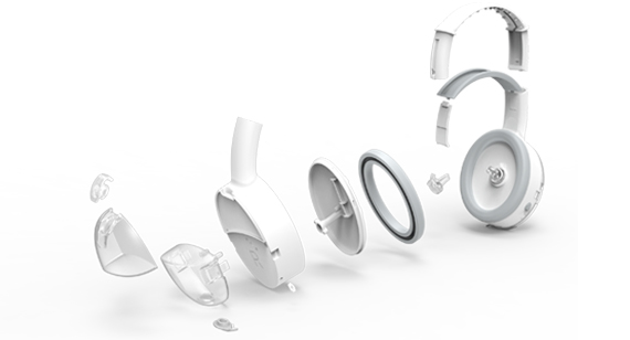 SafKan ear cleaning headphones prototype showcasing each individual part