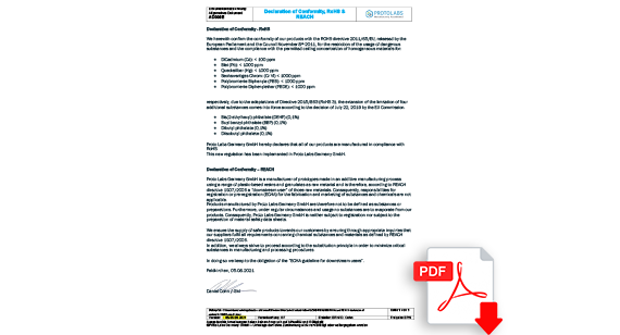 Declaration of Conformity ROHS and REACH 3D Printing