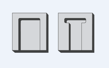The left image illustrates resulting corner radii from milling. Consider adding reliefs to sharp corners (right image) to improve fit
