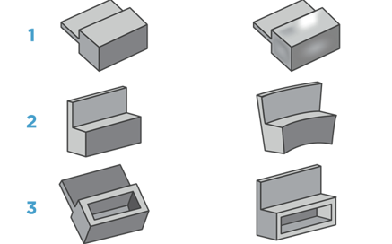 From left to right, Figure 1 represents a part designed with thick features and the resulting sink once molded. Figure 2 also shows a part designed with thick features, but this time the warp that occurs once molded. Image 3 demonstrates how coring out thick features helps create an optimally molded part.
