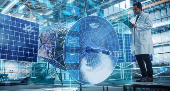 virtual reality of a satellite being analysed by engineer