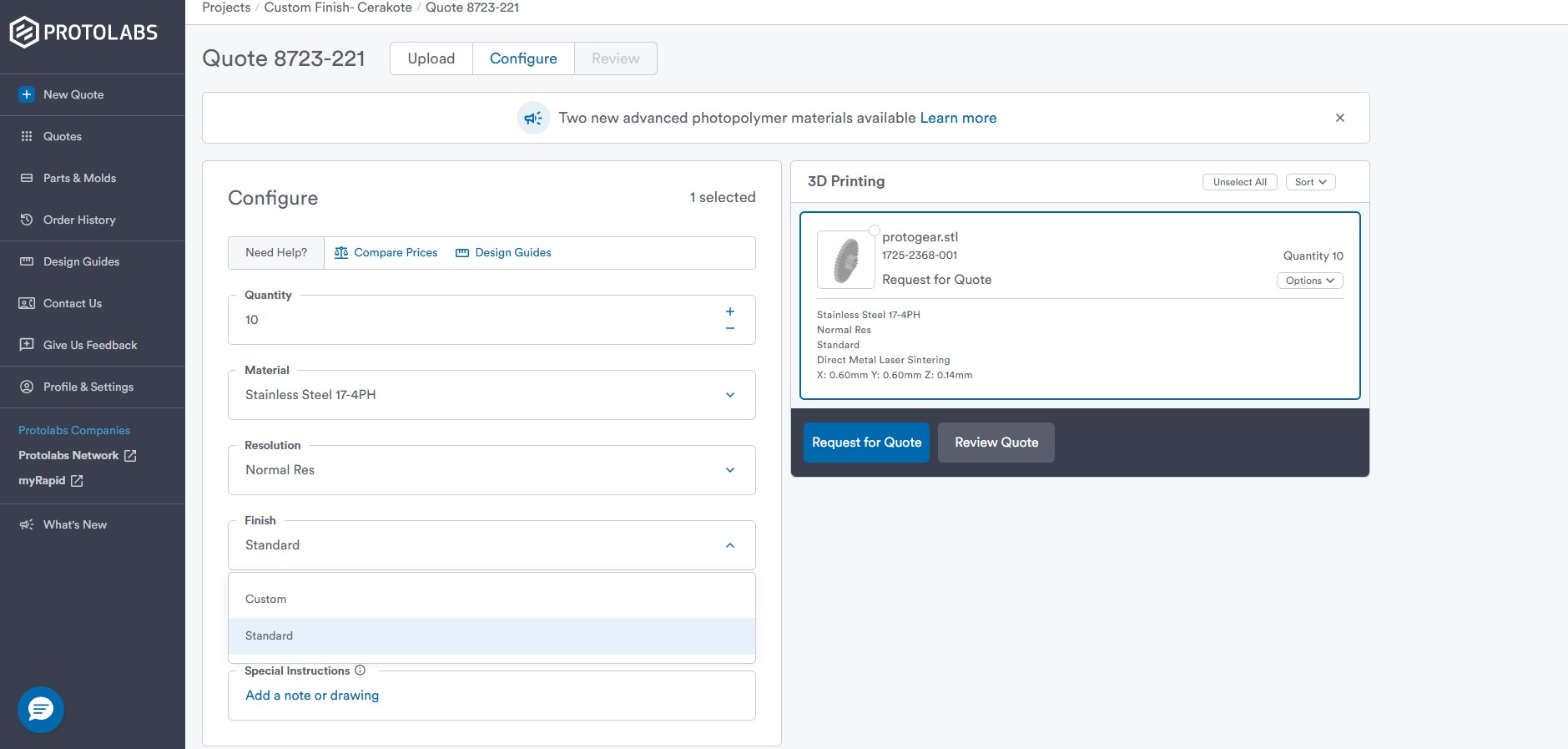 use the custom finish field to add cerakote to your order