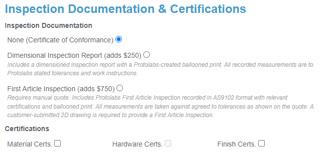 Sample of inspection documentation and certificates