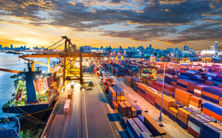 Cargo ships loading at a port