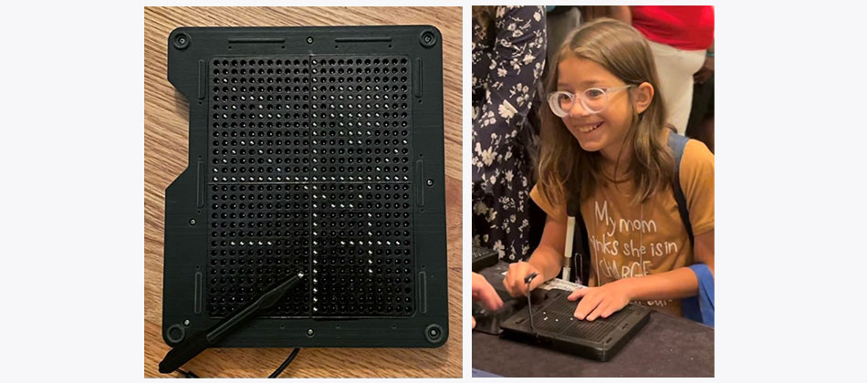 Black grid-patterned board with stylus, used for tactile drawing or design. Young girl interacting with the board in one image.