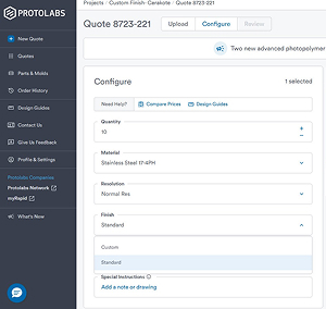selecting custom finish on your ecom quote