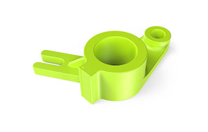 Bright green plastic component with cylindrical and forked features.
