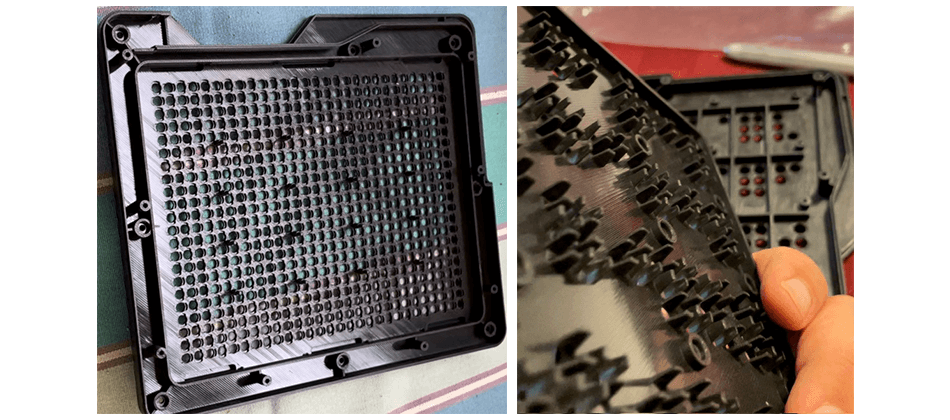 Close-up of black tactile board with raised pins. Hand shown manipulating the pins in one image.