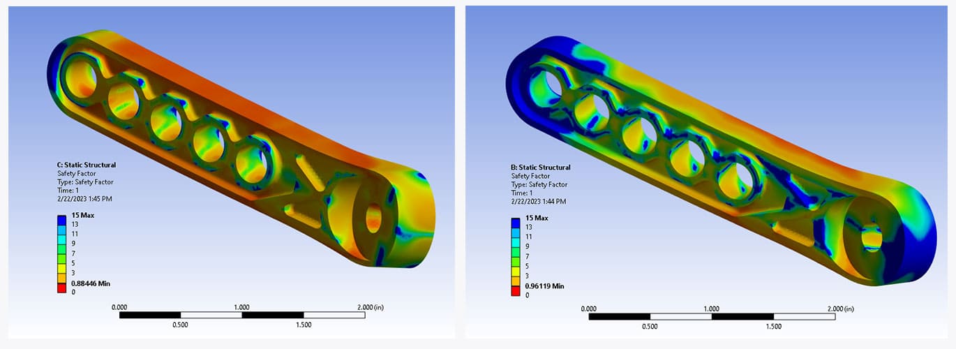 Color-coded structural safety analysis of a metallic component, showing stress distribution.