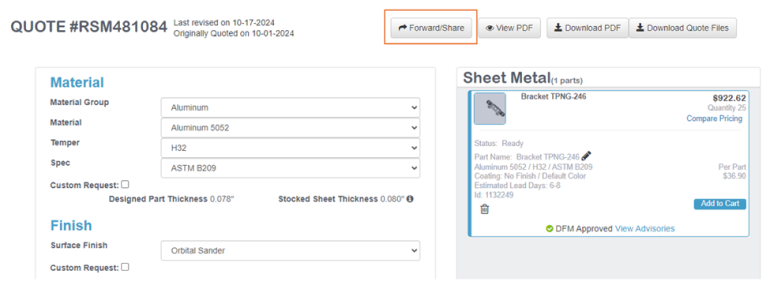 Forward and Share your Sheet Metal Quote with Others